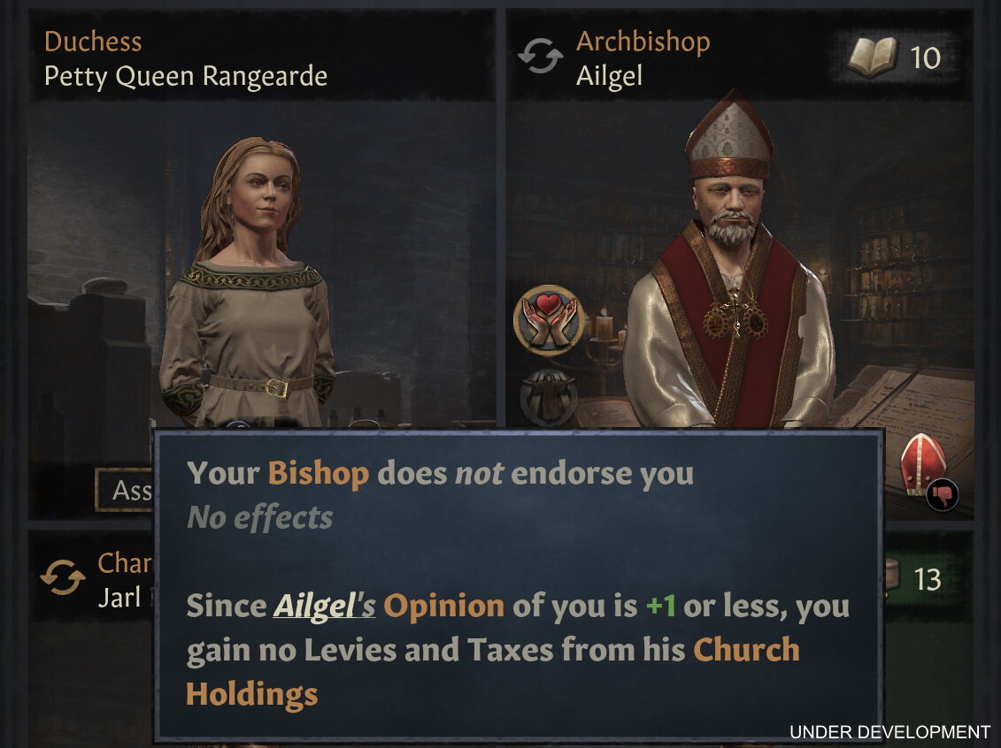 Жена персонажа заседает в совете, а капеллан отказывается предоставлять свои войска и платить налоги