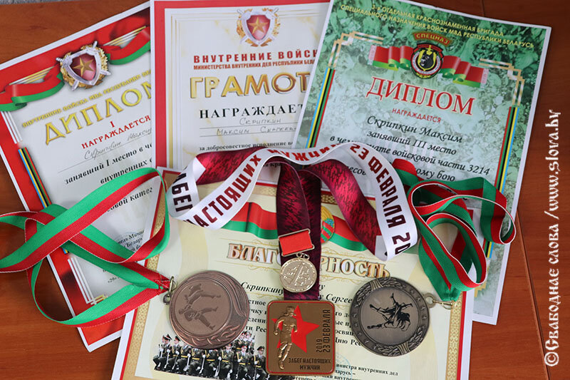 Многочисленные медали, дипломы и грамоты сержанта Максима Скрипкина. 