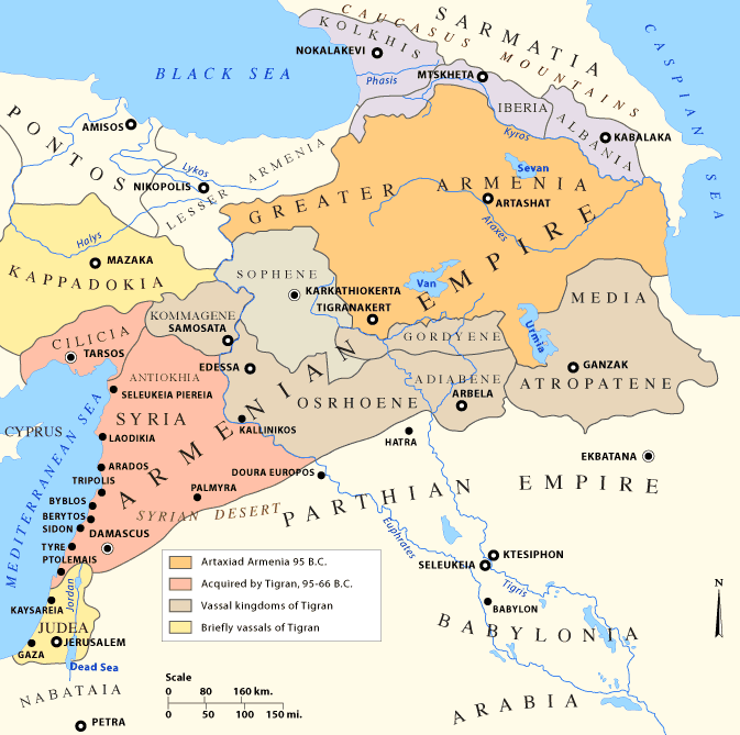 Размеры Великой Армении при Тигране Великом. Карта с Викисклада. Источник - http://www.armenica.org