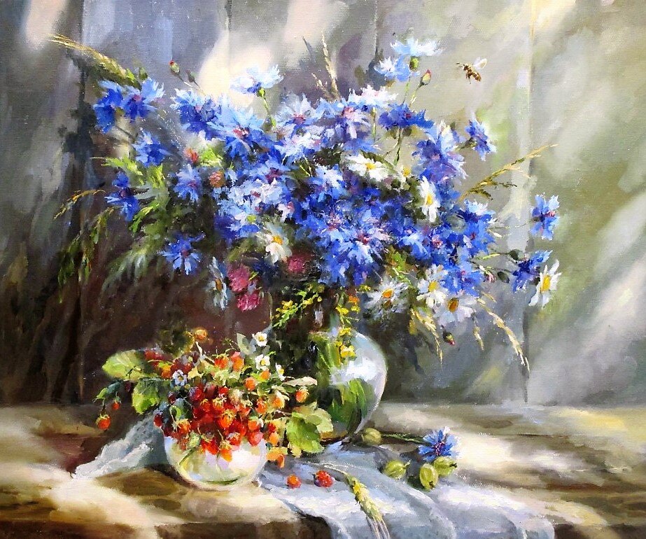 "Васильки с земляникой", 2019,холст,масло