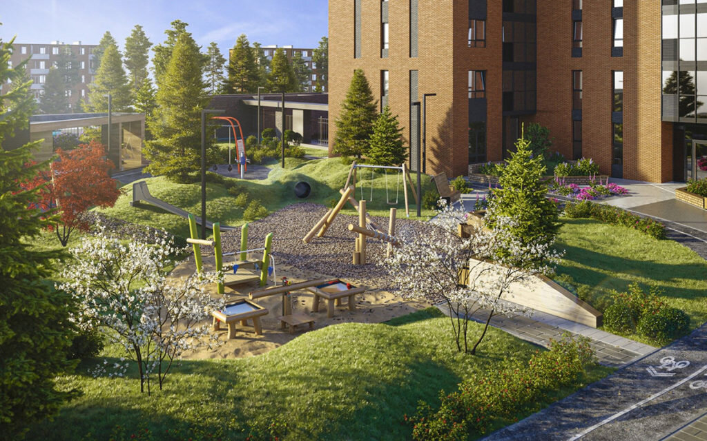 Придомовая территория «Расцветай на Красном» зонирована для разных сценариев активностей и отдыха.