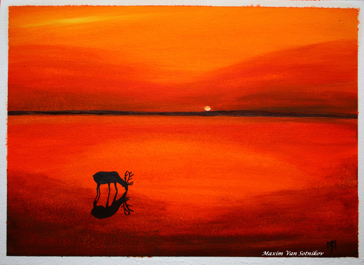 Художник Maxvans. Пейзаж - олень на закате.