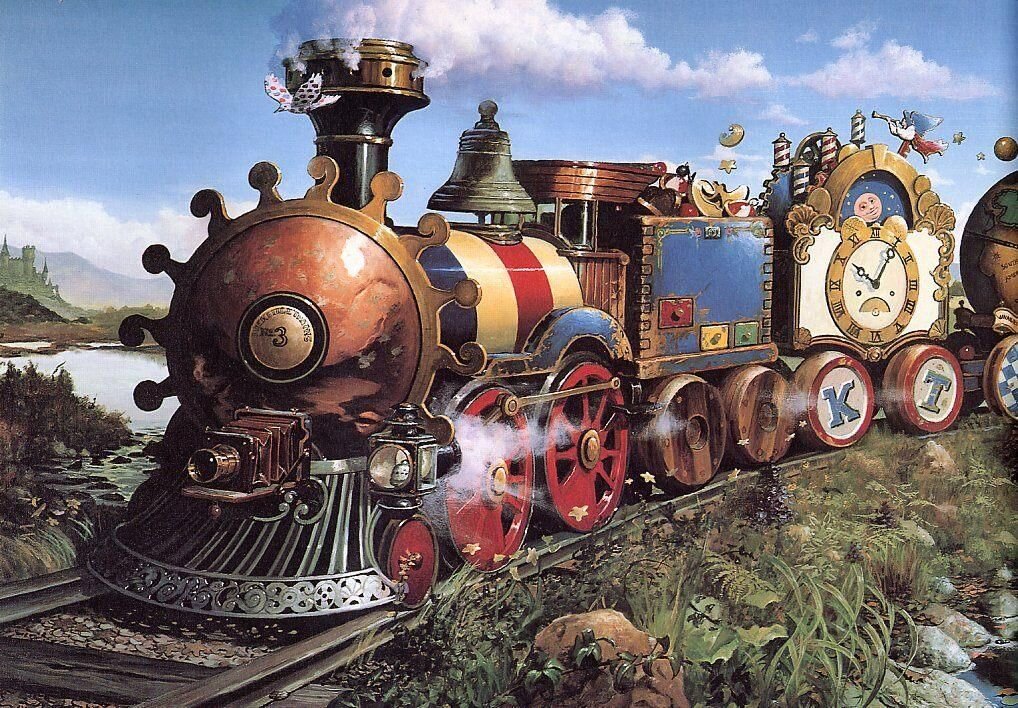 Волшебная железная дорога. Волшебный паровозик. Сказочный поезд. Сказочный паровоз. Стимпанк паровоз.