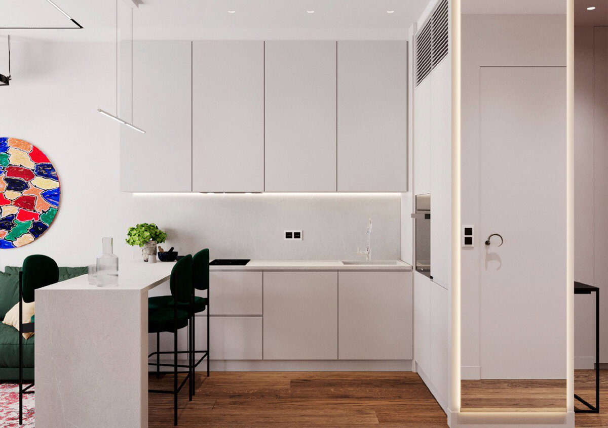 Светлая кухня, зонированная с помощью барной стойки, зеркало в полный рост, расширяющее пространство.