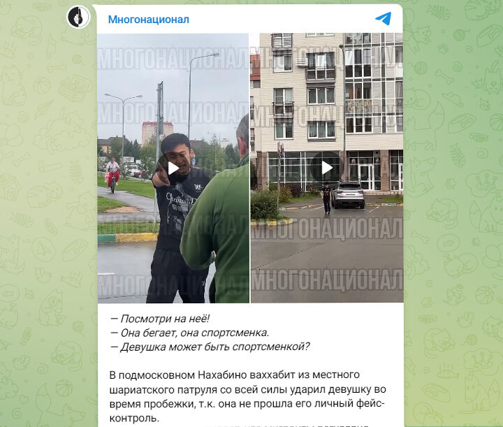 В НАХАБИНЕ МИГРАНТ ИЗ МЕСТНОГО ШАРИАТСКОГО ПАТРУЛЯ УДАРИЛ ДЕВУШКУ ВО ВРЕМЯ ПРОБЕЖКИ. ФОТО: СКРИНШОТ ТЕЛЕГРАМ-КАНАЛА "МНОГОНАЦИОНАЛ"