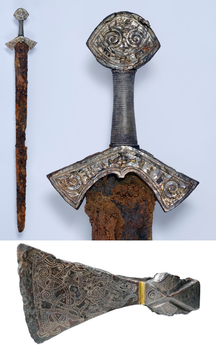 Роскошные образцы оружия, найденные при раскопках: меч из Лангейда - Норвежский музей истории культуры; топор из Маммена - Национальный музей Дании