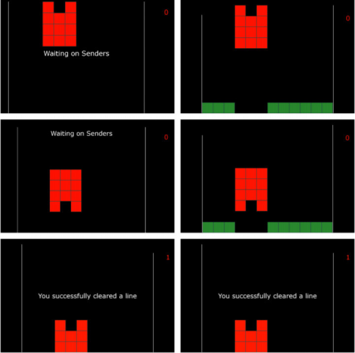 Экраны для игры в тетрис: для ведомого игрока (слева) и подсказывающих игроков (справа)