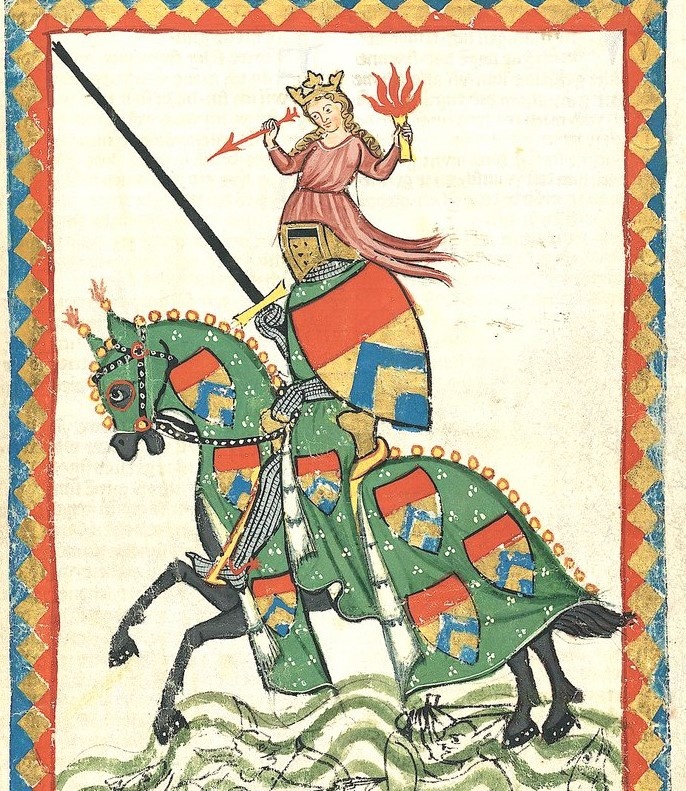 На изображении Ульрих фон Лихтинштейн.  Источник: Манасский кодекс.