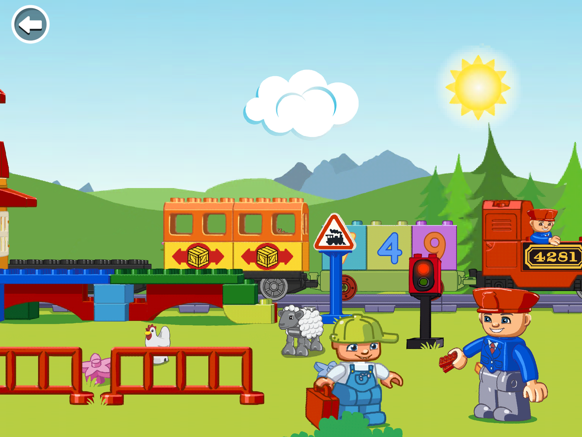 Паровозик надо провезти по разным пунктам-заданиям. Посадить человечков, собрать мост, помыть локомотив, убрать зверюшек с дороги, обвести цифры на кубике. Если малыш зависает на 5 секунд, появляется рука, которая подскажет, что и куда надо сдвинуть.
