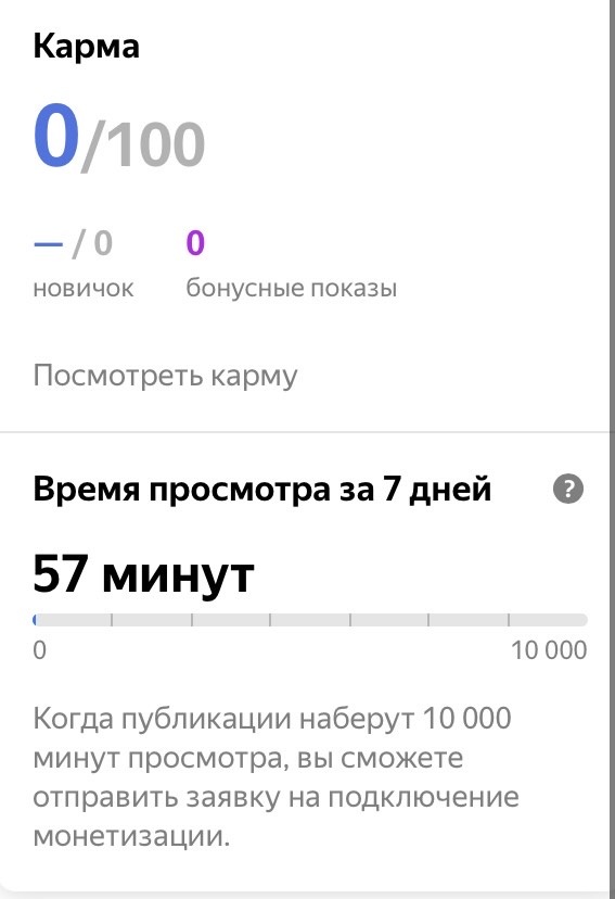 За первые сутки работы канала я получила 57 минут дочитываний. Это очень хороший результат для новенького канала. Я планирую добиться 10 000 дочитываний за месяц усердной работы. 