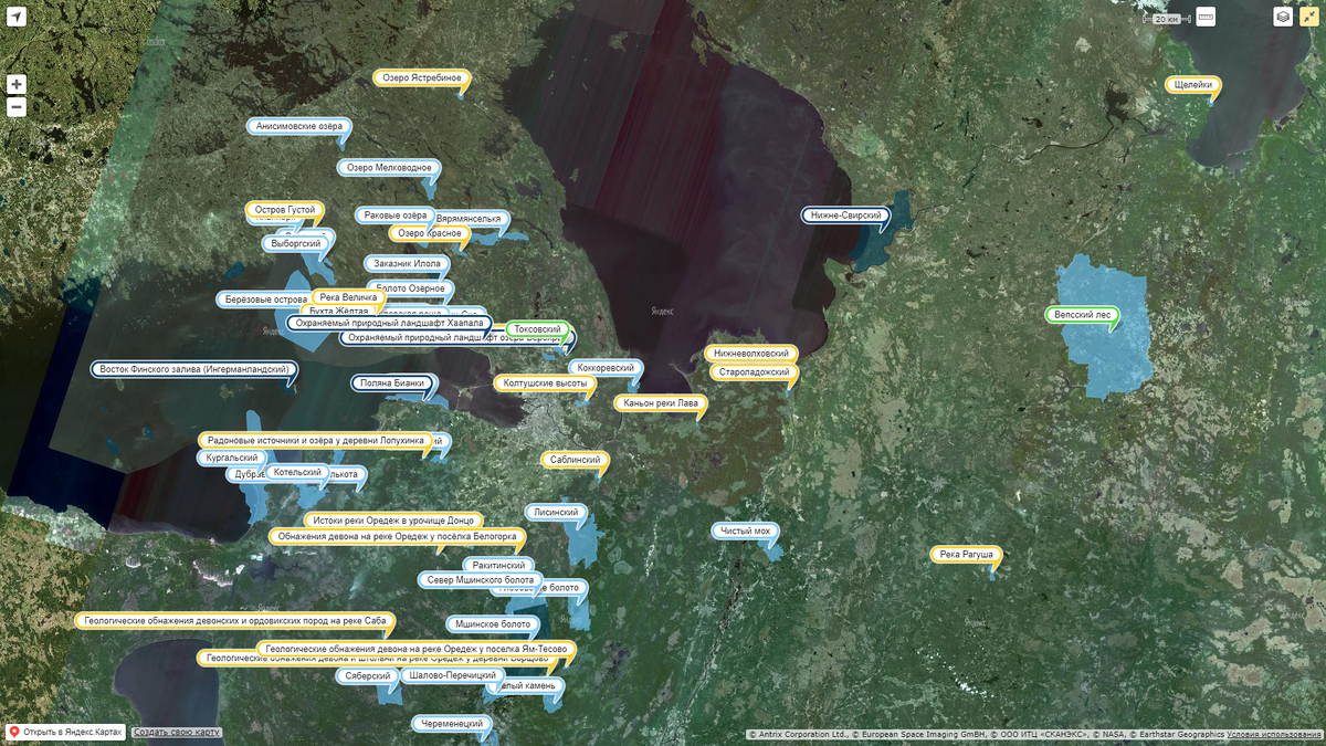 Вырезка с карты на сайте ООПТ Ленинградской области. Можно выбрать маршрут более доступный или наоборот уединённый.