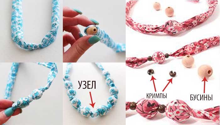 Процесс создания текстильного украшения с бусинами
