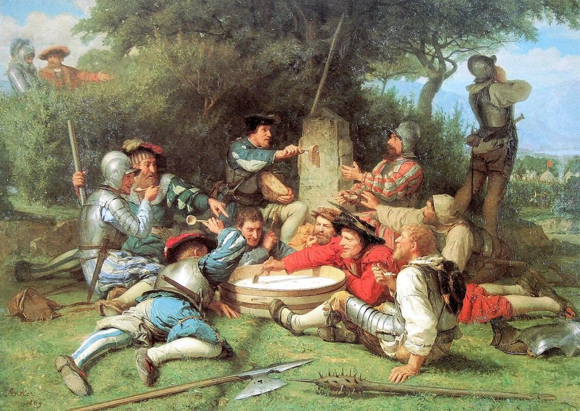 Немецкие наемники XVI века жадно поедают "Молочный суп", картина Альберта Анкер