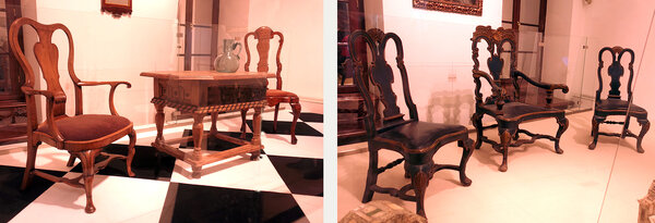 Слева: кресло, Англия; стул, Голландия;  стол, Россия XVIII век. Справа: кресло и два стула, Россия. Выставка "От барокко до модерна" в Царицыно