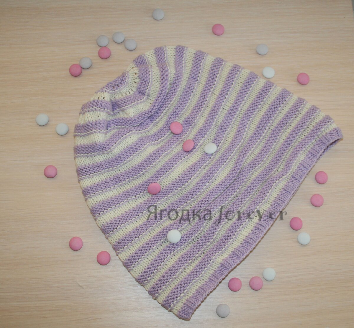 фото автора, бини поперечной резинкой из хлопка, убавки лучше делать в первом ряду лицевой глади.