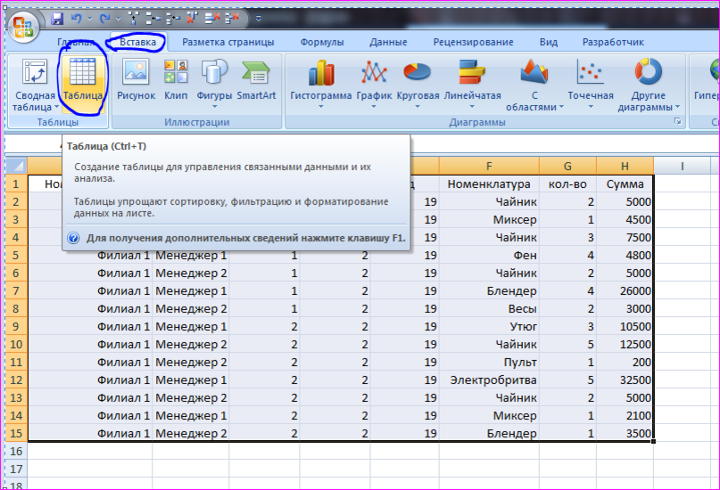 Таблица исходных данных excel