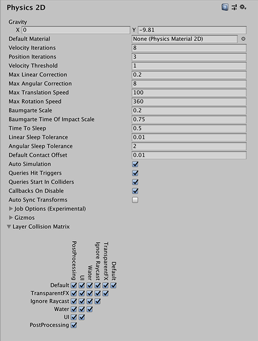 Physics 2d unity. 2d physics Unity. Unity physics settings. Velocity Threshold. Queries Hit Triggers default
