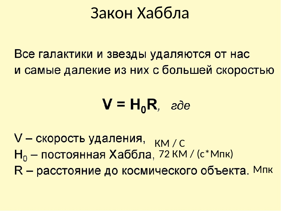 Постоянная хаббла равна км с мпк. Закон Хаббла. Закон Хаббла формула. Сформулируйте закон Хаббла. Формула с постоянной Хаббла.