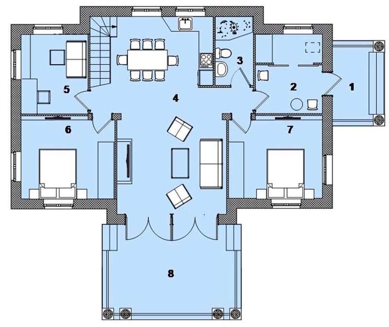 Если есть задумка использовать пространство под кровлей для дополнительных жилых комнат, будет удобен вариант плана этажа лофт, так как в этом варианте в зоне столовой хватит места для полноценной лестницы.