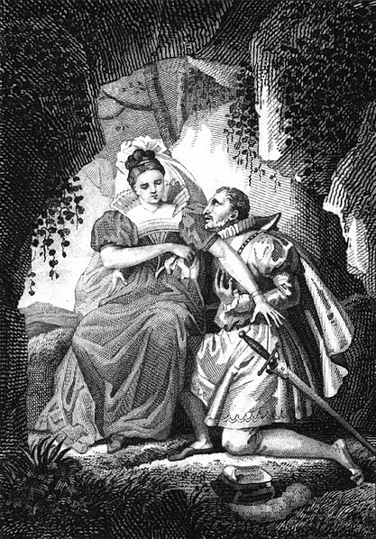 Король Франции Франциск I умоляет Франсуазу де Фуа, графиню Шатобриан, не оставлять его, сцена французского романа Августина Готти «Франсуа Иер и мадам де Шатобриан» (1816).