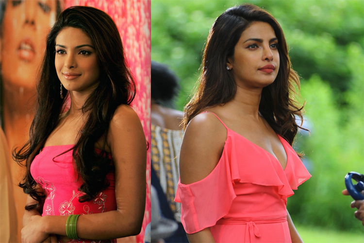 Приянка Чопра на съемках фильмов в 2005 и 2017 годах.
