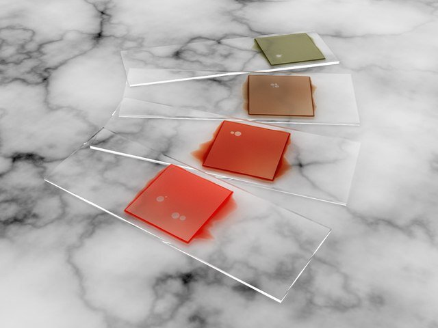 А на этом рисунке наглядно представлены разные цвета крови при разных состояних гемоглобина, спереди назад: оксигемоглобин, дезоксигемоглобин, метгемоглобин (в геме окисленное железо III), сульфгемоглобин 