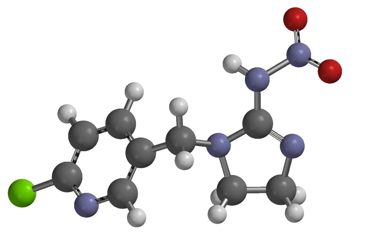 Имидаклоприд (4,5-дигидро-N-нитро-1-[(6-хлор-3-пиридил)-метил]-имидазолидин-2-илен-амин), С9Н10СlN5O2 — наиболее широко применяемый инсектицид из класса неоникотиноидов. 