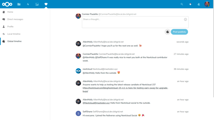 Добавлена  возможность развёртывания децентрализованной социальной сети,  позволяющей обмениваться сообщениями, публиковать статусы, вести свои  каналы и подписываться на каналы других пользователей. Узлы на базе  Nextcloud могут связываться с другими хостами (например, можно  подписаться на сообщения пользователя соцсети, развёрнутой на другом  сервере) и входить в глобальные федеративные сети, объединяющие в единое  пространство множество отдельных соцсетей, запущенных на собственных  серверах.   Для взаимодействия с другими  децентрализованными сетями в Nextcloud реализована поддержка протокола ActivityPub, который, например, может применяться для связывания с сетями на базе платформ Mastodon и PeerTube.  Nextcloud также можно применять для создания корпоративных и приватных  социальных сетей, обеспечивающих общение работников компаний или  определённых сообществ.    
 