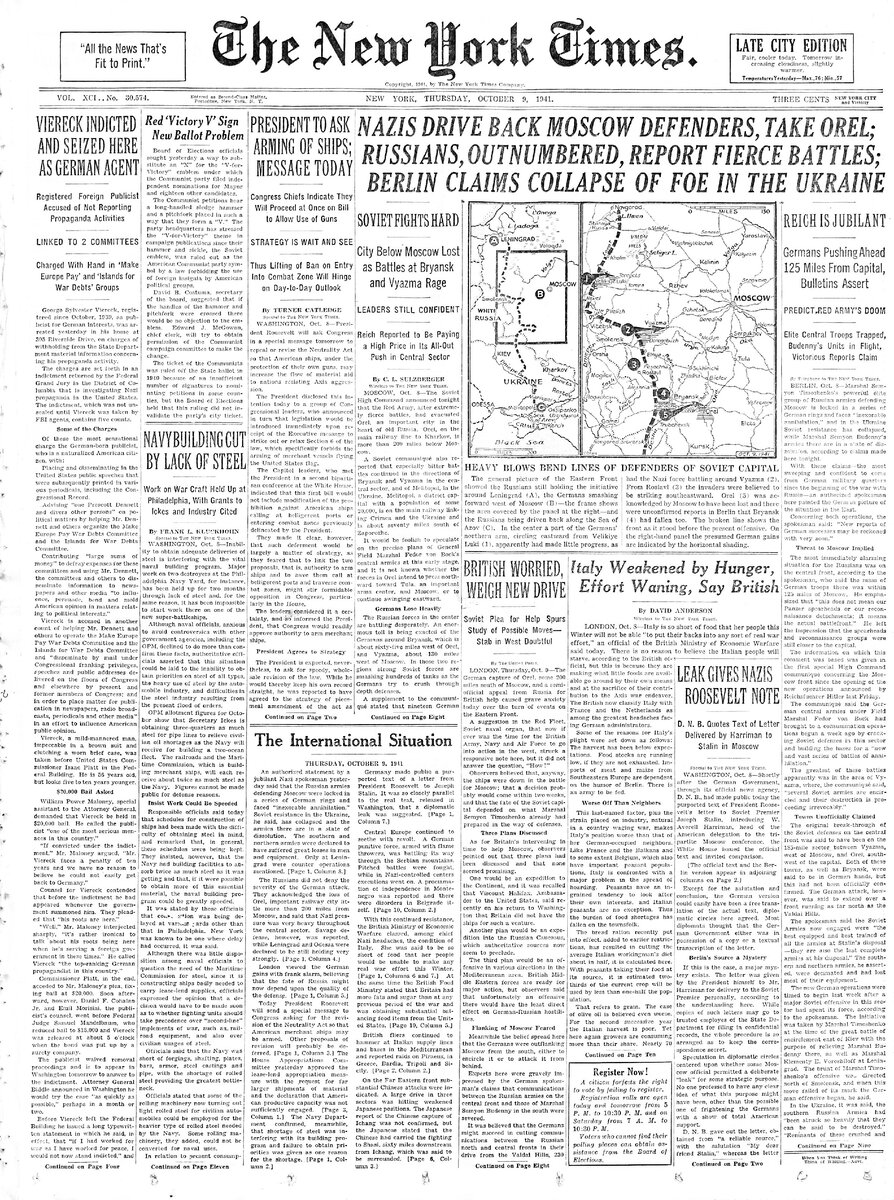 Сканы некоторых страниц The New York Times от 09.10.1941 г.