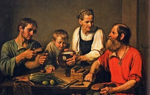 Крестьянское семейство перед обедом (1824 г.). Художник Ф.Г. Солнцев. Он же - историк, архитектор и академик живописи. Из крепостных. Вот он-то социально-бытовую тему реально знал.
