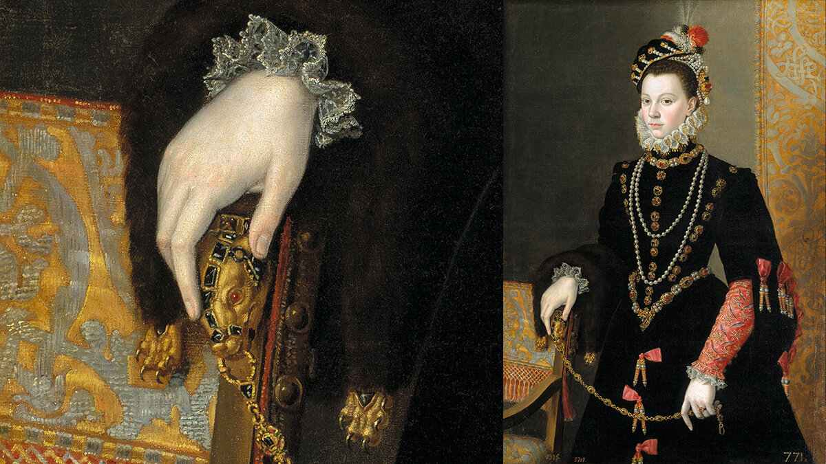 Блохоловка на портрете Елизаветы Валуа работы Хуана Пантохи де ла Круса, около 1560 г., «Прадо», Мадрид. 