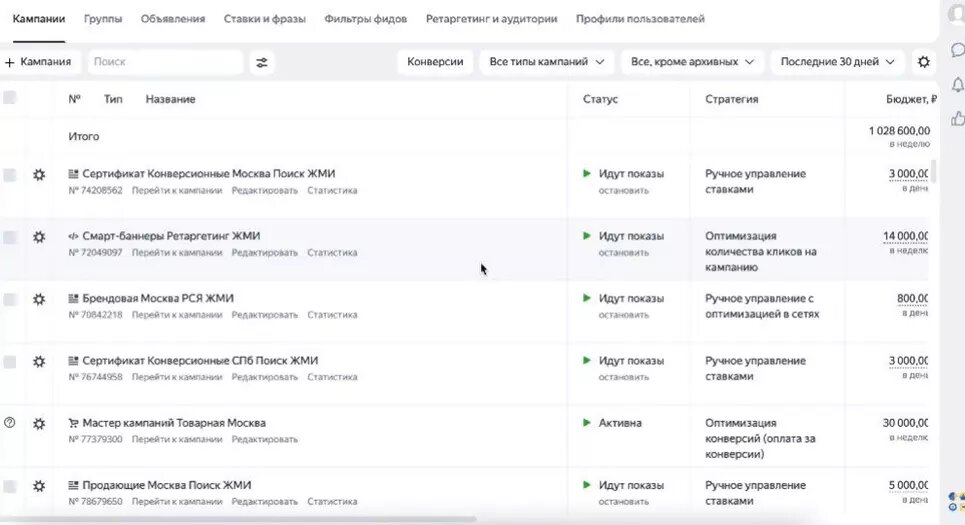 Скриншот рекламного кабинета. Раздел кампании.