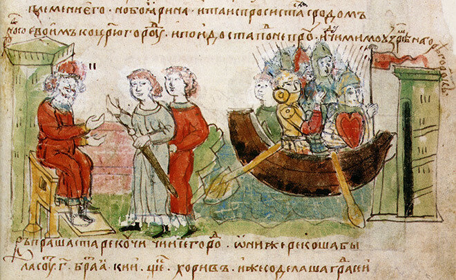 Аскольд и Дир, просящие у Рюрика в Новгороде разрешения на поход в Царьград; прибытие Аскольда и Дира на кораблях с дружиной к Киеву. Миниатюра из Радзивилловской летописи. XV век. 
© radzivilovskaya-letopis.ru