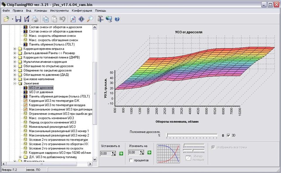 Программа ctp3.21, открыл в ней прошивку j7es 17.6, на скриншоте показана калибровка УОЗ (угол опрежения зажигания)