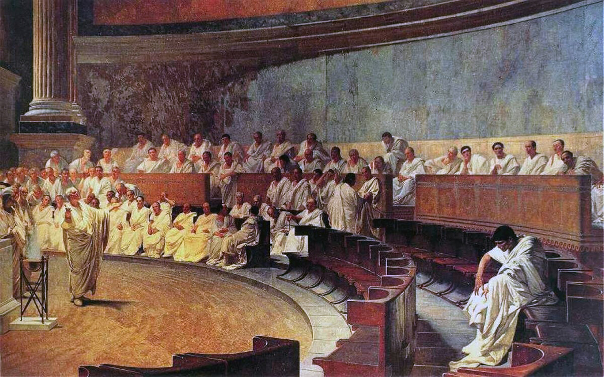 Цицерон произносит речь против Катилины — Cesare Maccari, 1889