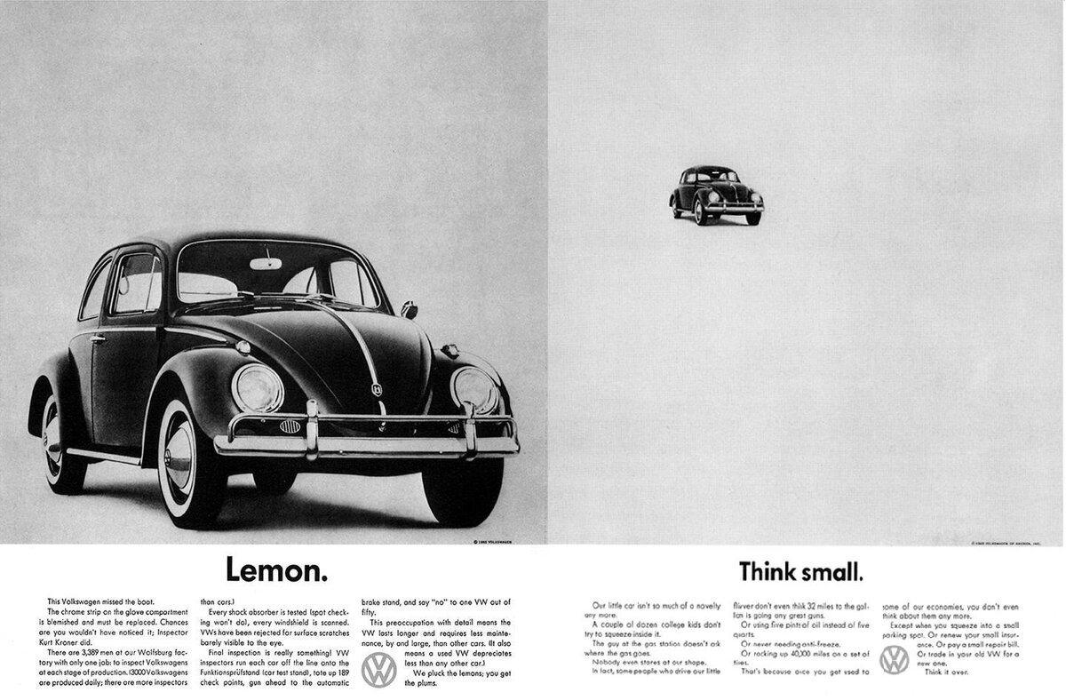 Фото: легендарная реклама Volkswagen Beetle (Фольксваген Жук), разработанная рекламным агентством DDB в 1959 г.