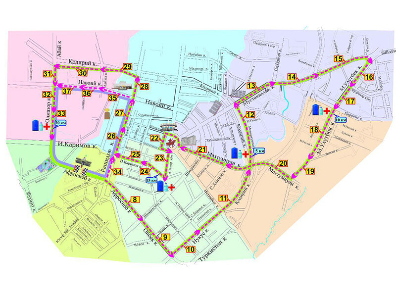 улица Олмазор – от улицы Кодирий до улицы Афросиаб (финишируют у того же места, откуда начинался забег).