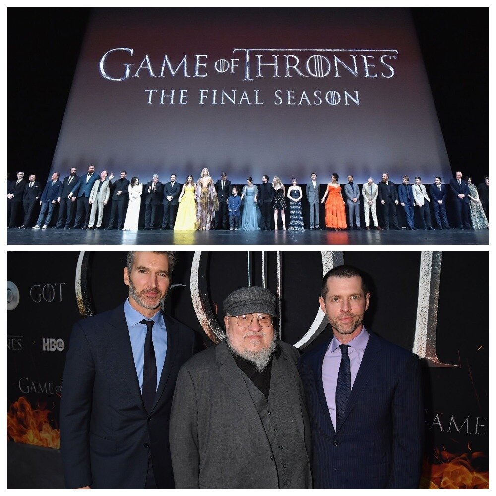 Джордж Мартин с создателями шоу Дэвидом Бениофф и Д. Б. Уайссом. 