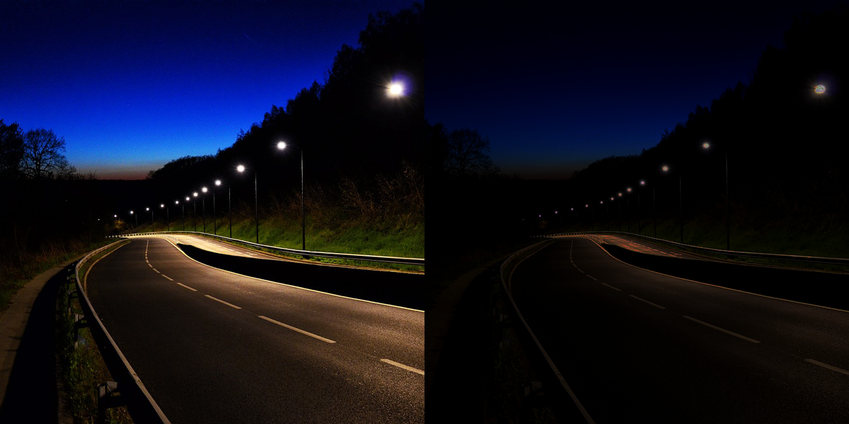 Так видит в сумерках здоровый человек (слева) и человек с никталопией (справа)