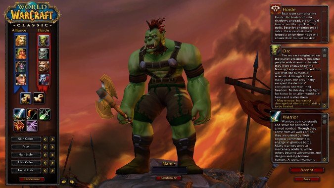 Окно выбора расы и класса персонажа