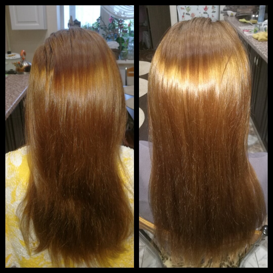 Слева волосы до ламинирования, справа после.