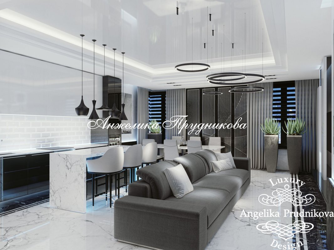 На фото: Лаконичная черно-белая гостиная в стиле хай-тек в ЖК «ФилиГрад»