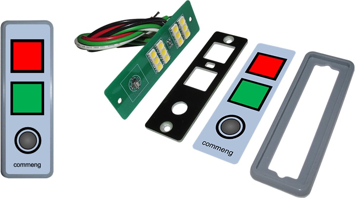 Commeng CR IP-2004 Двухцветная светодиодная сигнальная панель с кнопкой для применения в чистых помещениях. Слева – панель после монтажа на поверхность. Справа – части панели: плата подсветки с кнопкой, монтажная рамка, защитная пленка, силиконовая прокладка.
