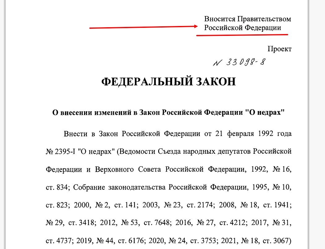 Законопроект о недрах внесло на рассмотрение правительство России. 