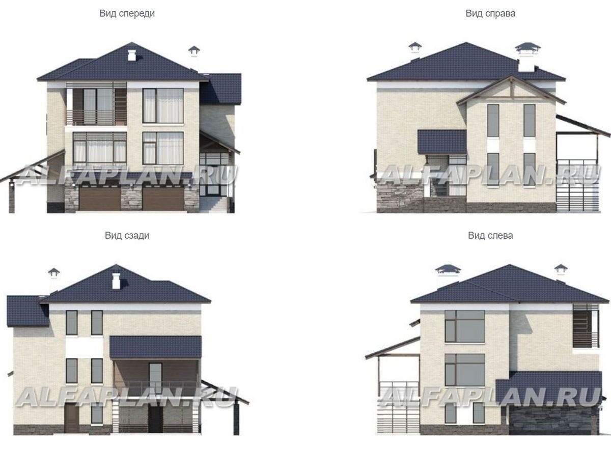 3. Фасады дома по проекту "Линия горизонта" 405А выполнены с отделкой светлым облицовочным кирпичом, серым искусственным камнем и белой штукатурной системой. Коттедж выглядит основательно, но при этом легко.