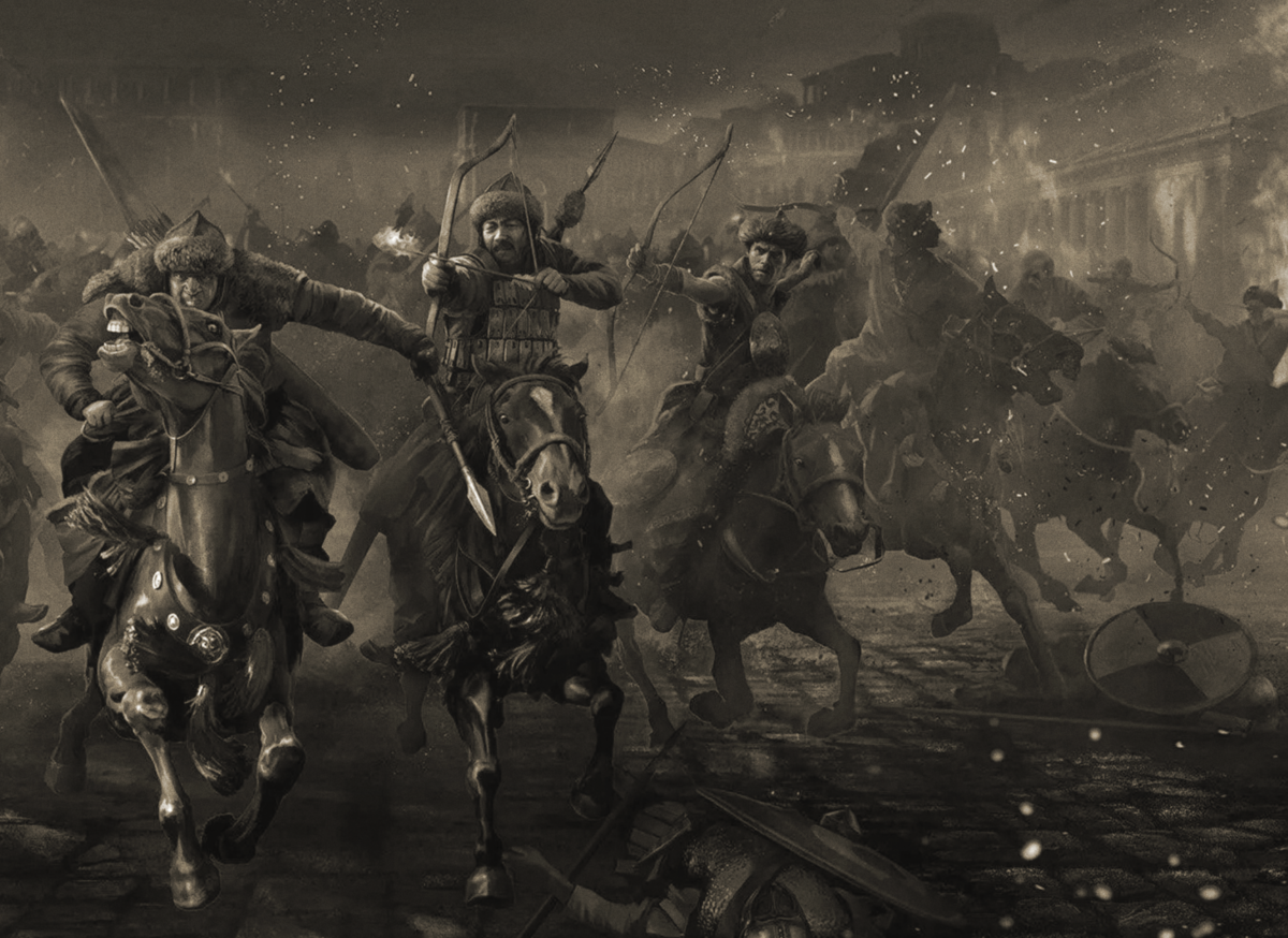 Нашествие гуннов на города. Иллюстрация.