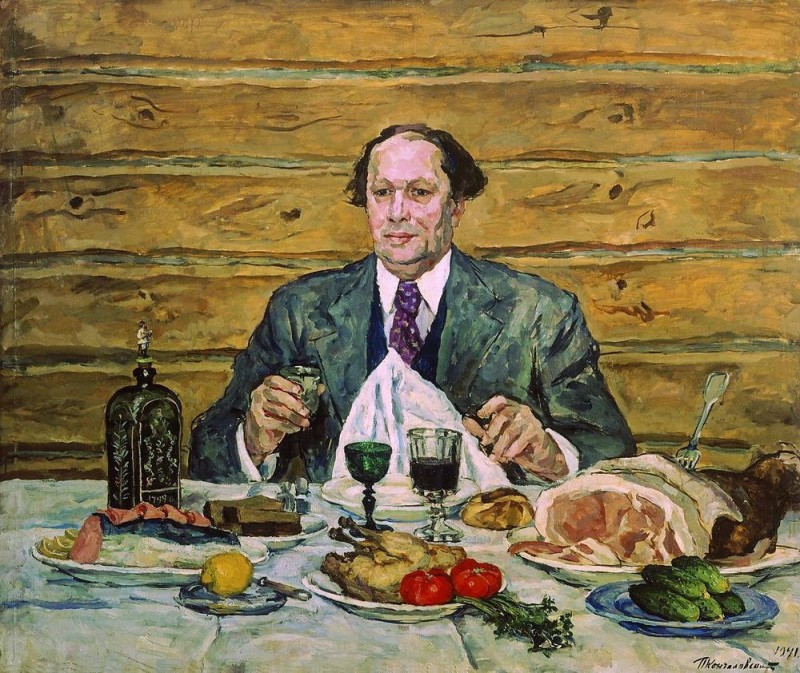 П.П. Кончаловский. А.Н. Толстой в гостях у художника. 1941 г. Холст, масло. 142.5×169 см. Государственный Русский музей, Санкт-Петербург