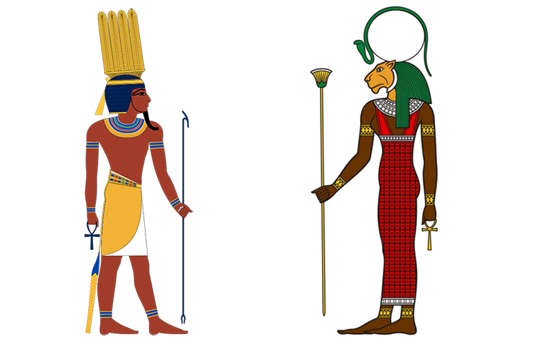 Первые боги Шу и Тефнут. Они стали родителями неба и земли — Нут и Геб.