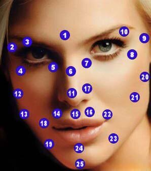 

1 -Точка знаменитого третьего глаза, между бровями посередине и чуть выше.

Тот, у кого он есть родинка в этом месте, обладает бесконечной интуицией, разумом и жаждой знания с уклоном в мистицизм.

2 -Правый угол глаза - Страстный, ревнивый, легкораздражимый человек.


3 -Правое веко - Поэтичная натура, склонность к интеллектуальным профессиям.

4 -Под правым глазом - Эта родинка свидетельство глубокой любви и супружеской верности, а также чувственности и щедрости.

5 -Под внутренним углом правого глаза ниже на 1 см - Изменчивый, запутанный темперамент и кратковременные романы.

6 - На переносице - Страсть к путешествиям, фантазия и творчество.

7 - под внутренним уголком левого глаза на 1 см ниже - Необоснованная ревность, преобладание эгоцентричности в характере.

8 - под левым глазом - Безграничная чувственность. Супружеская жизнь богата переживаниями.

9 - левый угол левого глаза - В том, что касается любви, предрасположенность к необоснованному чувству вины и склонность к ссорам.

10 - левое верхнее веко - Отличная память, дипломатичность, приземлённость.

11 -  кончик носа - Вкус к усложнению любовных отношений и ко всему запретному.

12 - правая щека - Запутанные сентиментальные связи, человек без остатка отдается страсти.

13 - правая челюсть - Частые ссоры и быстрые примирения. Плотская любовь преобладает над платонической.

14 -  под правой наздрей - Возвышенный и мистичный склад ума, чувство вселенской любви и совершенно незаурядная судьба.

15 - под носом - Независимость, любовь к удовольствиям и путешествиям.

16 - над  губой слева - Жажда материнства (отцовства), щедрость, верность.

17 - место серьги в носу слева - Потрясающе соблазняет, склонность к шокирующему поведению и скандальным событиям. Любовь к разнообразию, но к браку относится серьёзно.

18 - над губой справа - Победа чувственности над всеми остальными качествами. Фантазия и оригинальность.

19 - в правом углу рта снизу - Склонность к ревности, жажда единственной и большой любви.

20 - левая скула - Трудный характер, склонность к депрессиям.

21 - левая щека, челюсть - Вкус к переменчивости как в интеллектуальной, так и в любовной сфере. И конечно же запутанные связи.

22 - угол рта справа - Подчеркнутый эротизм, сексуальность и неверность.

23 - нижняя челюсть - Ясный ум, упорядоченность. Воля к росту как духовному, так и материальному.

24 - под нижней губой посередине - Хрупкая психика и здоровье, незащищенность.

25 - подбородок, в ямочке - Желание обзавестись традиционной, прочной семьёй. В общении милый и уравновешенный человек. Любовь к спокойной жизни и склонность к консервативным взглядам.  