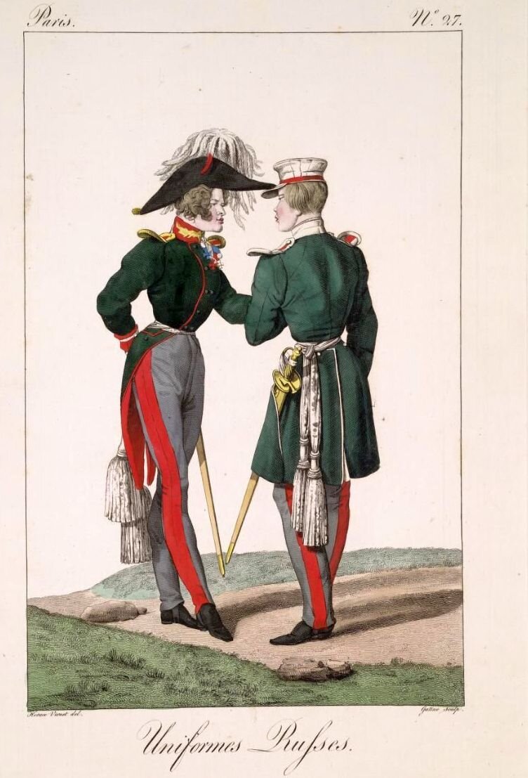 Униформа русских. Раскрашенная гравюра, 1814 г
